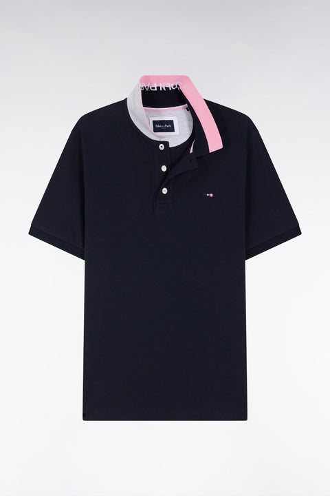 Polo à manches courtes en coton marine col bicolore jacquard Eden Park coupe droite - Image 2