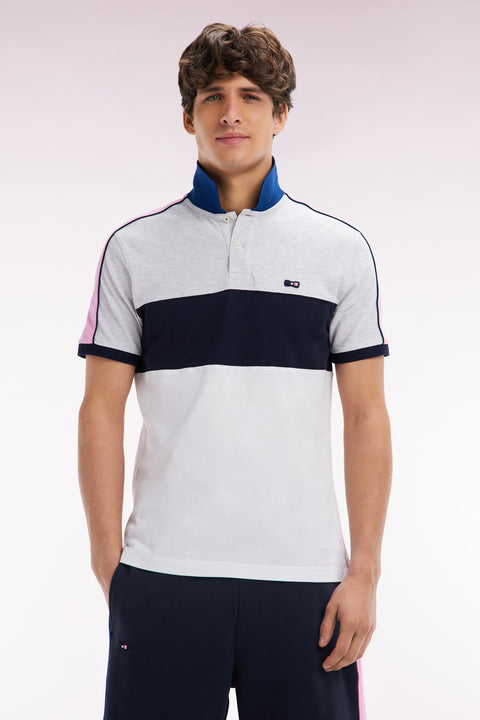 Polo à manches courtes en coton tricolore blanc marine et gris coupe droite - Image 1