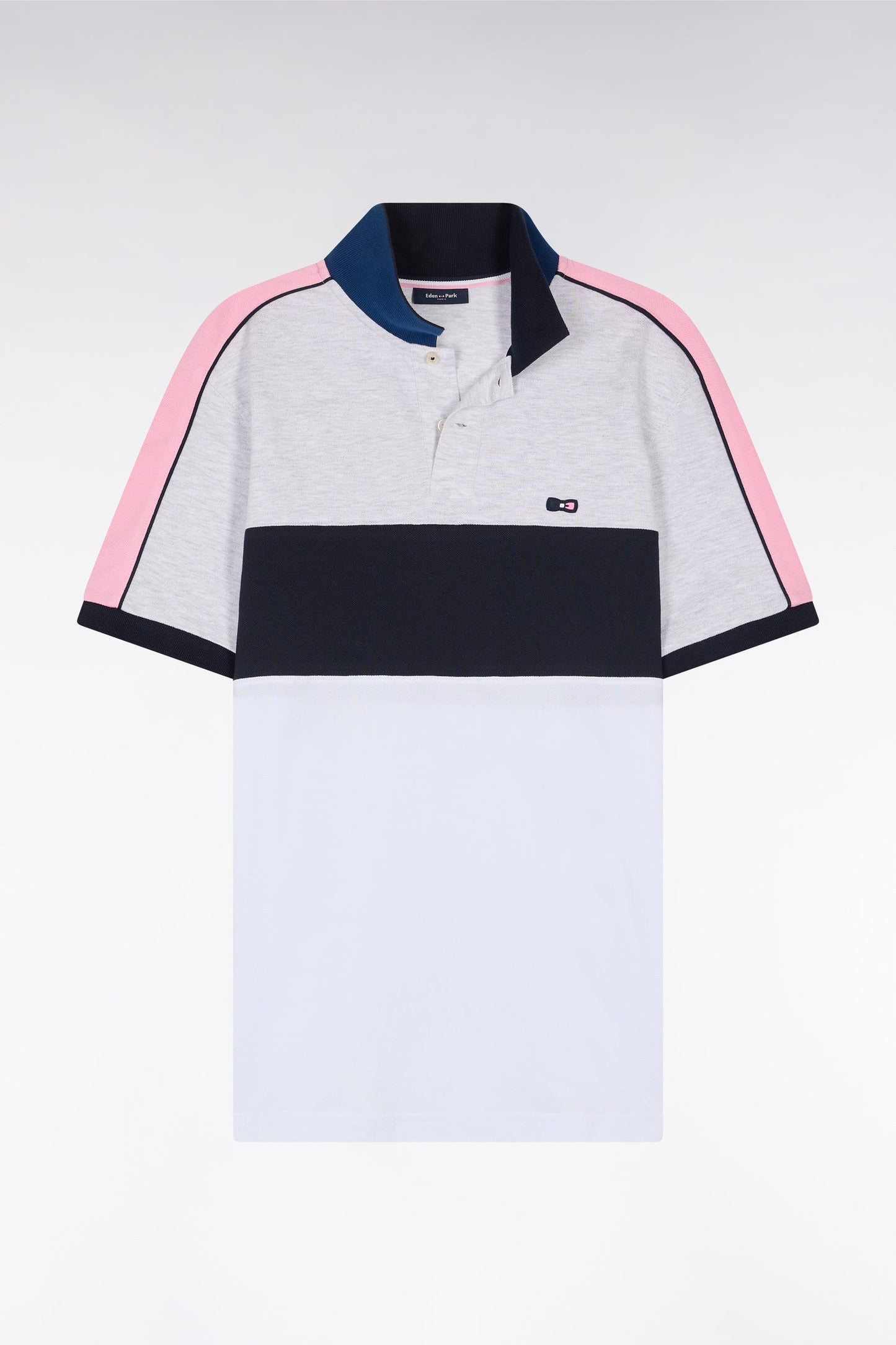 Polo à manches courtes en coton tricolore blanc marine et gris coupe droite