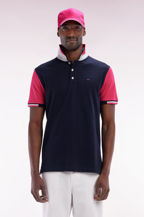 Polo à manches courtes colorblock en coton fuchsia coupe droite - Image 1