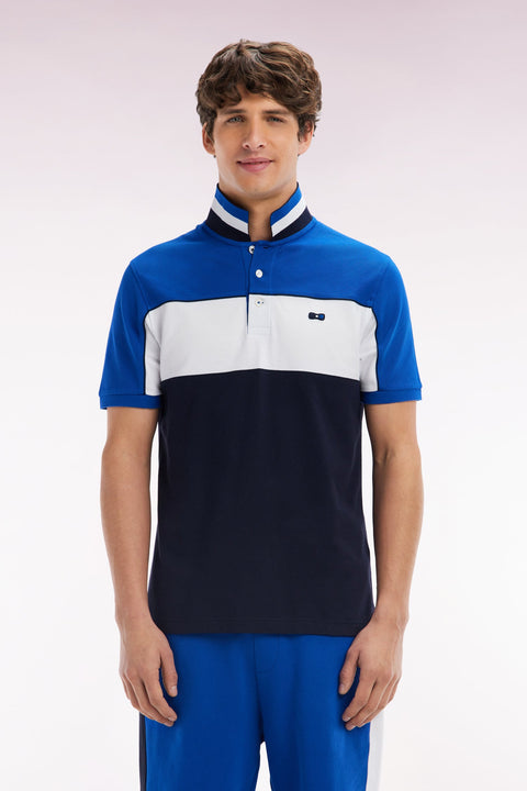 Polo à manches courtes en coton tricolore bleu dessous de col rayé coupe droite - Image 1