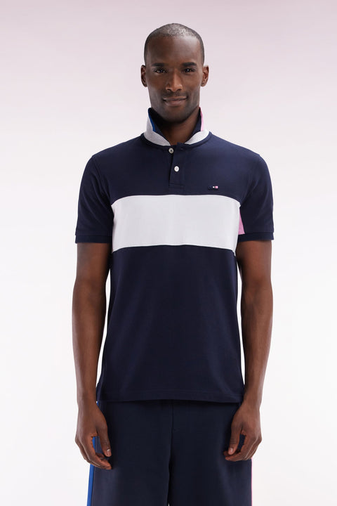 Polo à manches courtes colorblock en coton marine détails roses et blancs coupe droite - Image 1