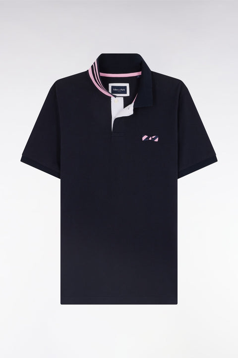 Polo à manches courtes en coton marine dessous de col cerclé coupe droite - Image 2