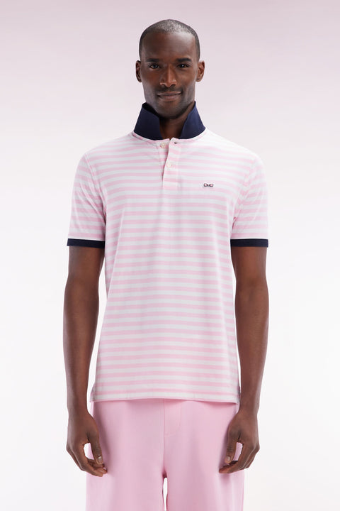 Polo marinière à manches courtes en coton stretch rayé rose coupe ajustée - Image 1