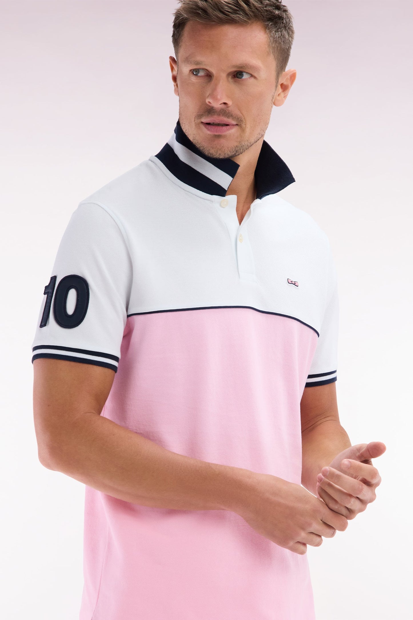 Polo à manches courtes bicolore en coton rose et blanc coupe décontractée