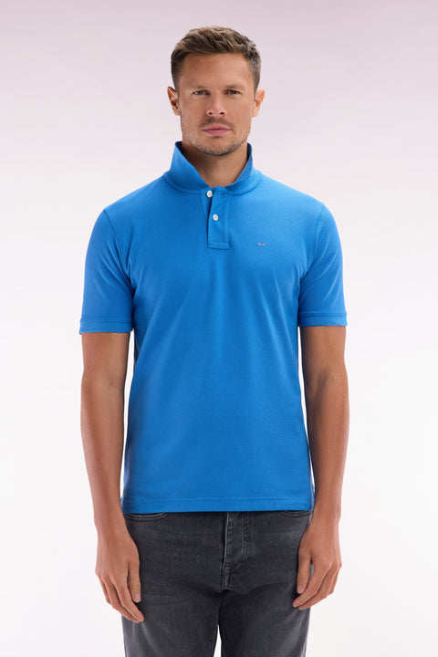 Polo à manches courtes uni en coton Pima bleu coupe droite - Image 1