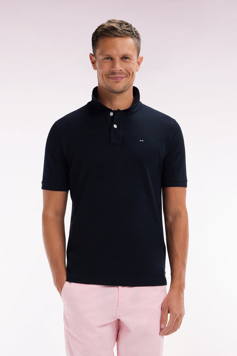 Polo à manches courtes uni en coton Pima noir coupe droite - Image 1