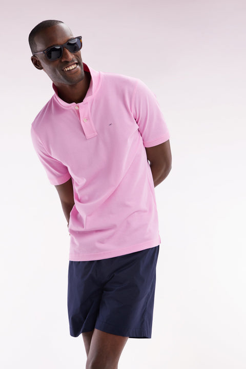 Polo à manches courtes uni en coton Pima rose coupe droite - Image 3