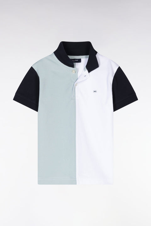Polo à manches courtes en piqué coton tricolore blanc marine et vert coupe droite - Image 1