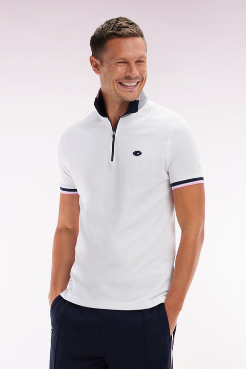 Polo à manches courtes en coton stretch blanc col zippé coupe ajustée - Image 3