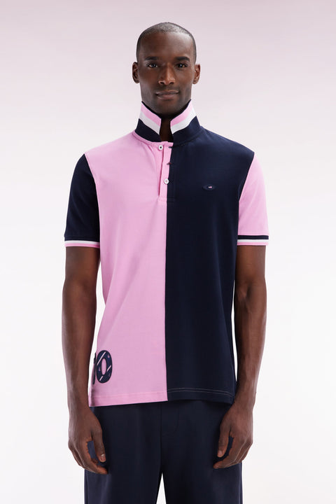 Polo à manches courtes en coton bicolore rose et marine coupe droite - Image 1