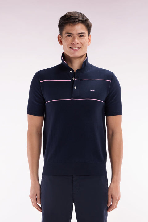 Pull manches courtes à col polo en coton marine et rose coupe droite - Image 1