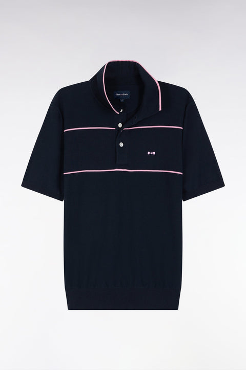 Pull manches courtes à col polo en coton marine et rose coupe droite - Image 2