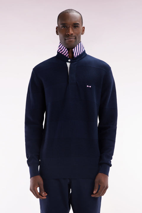 Pull col maillot en coton marine détails cerclés coupe droite - Image 1