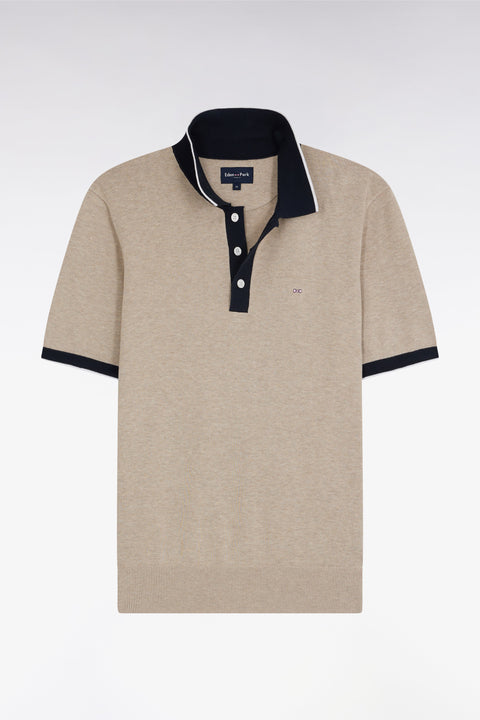 Pull manches courtes à col polo en coton beige coupe droite - Image 1