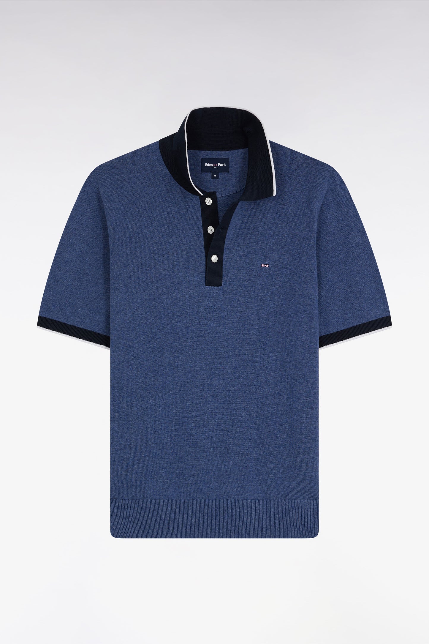 Pull manches courtes à col polo en coton bleu coupe droite