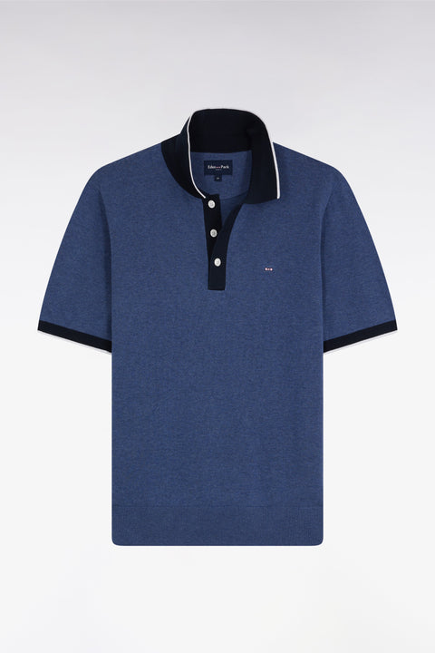 Pull manches courtes à col polo en coton bleu coupe droite - Image 1