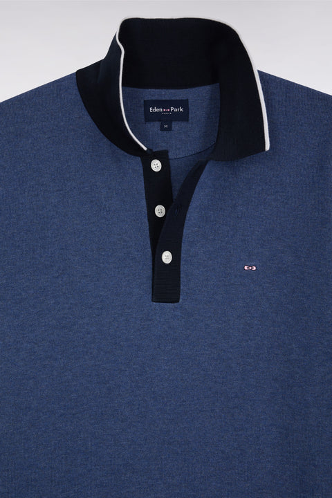 Pull manches courtes à col polo en coton bleu coupe droite - Image 2