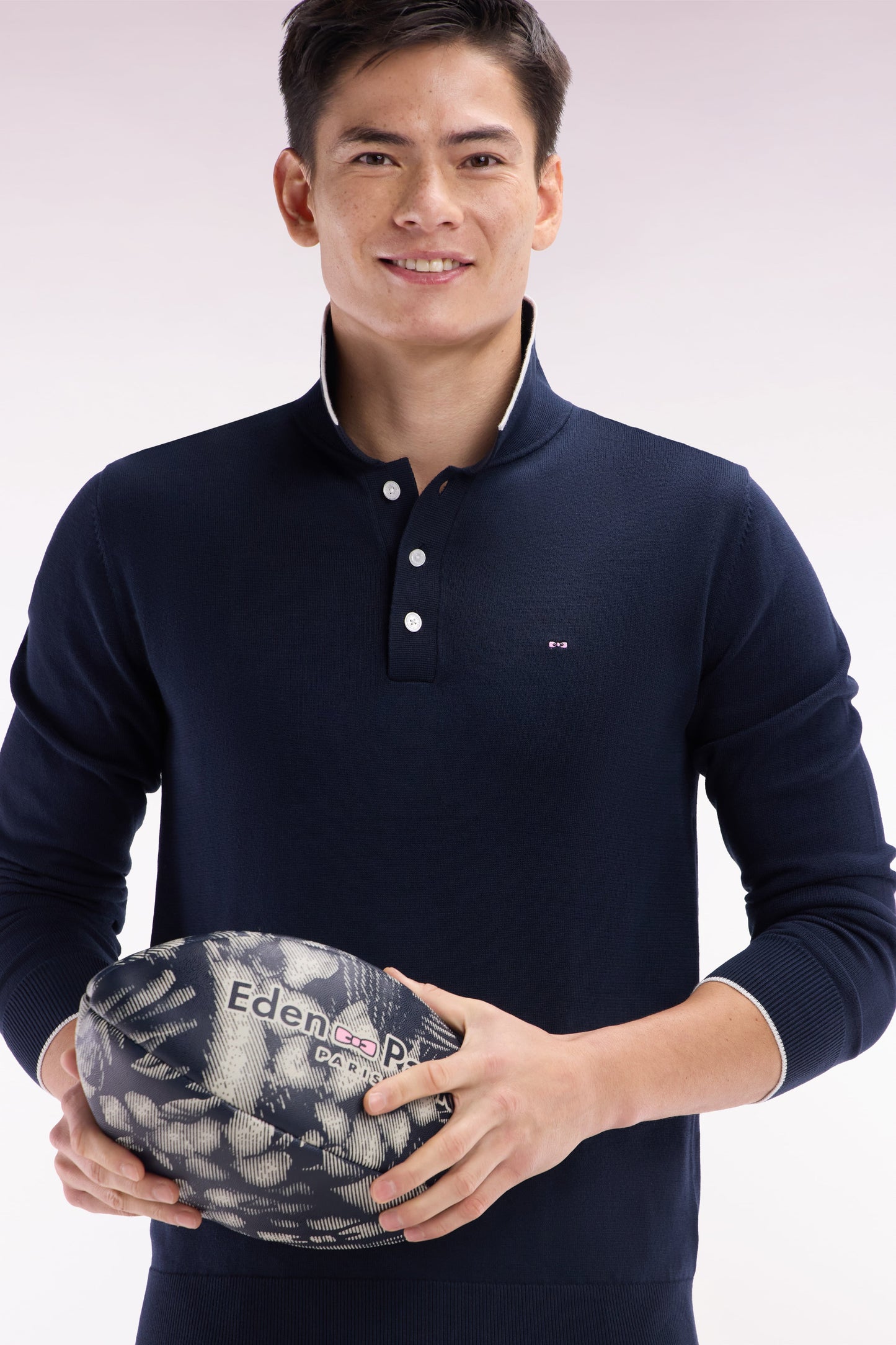 Pull col polo en coton marine et gris coupe droite