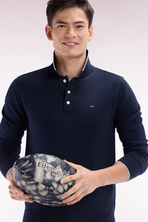 Pull col polo en coton marine et gris coupe droite - Image 3