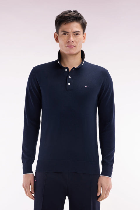 Pull col polo en coton marine et gris coupe droite - Image 1