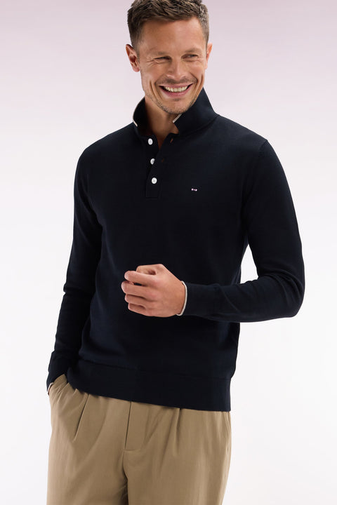 Pull col polo en coton noir et marron coupe droite - Image 3