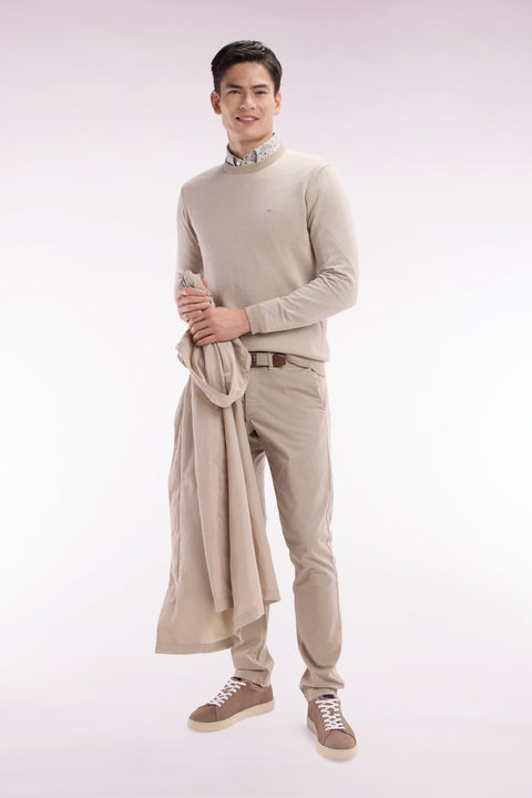 Pull en coton à col rond en coton beige coupe droite - Image 3