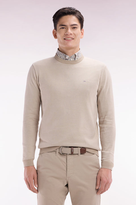 Pull en coton à col rond en coton beige coupe droite - Image 1