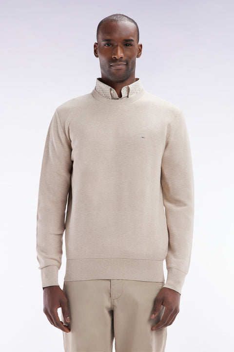 Pull col rond en coton nid d'abeille beige coupe droite - Image 1