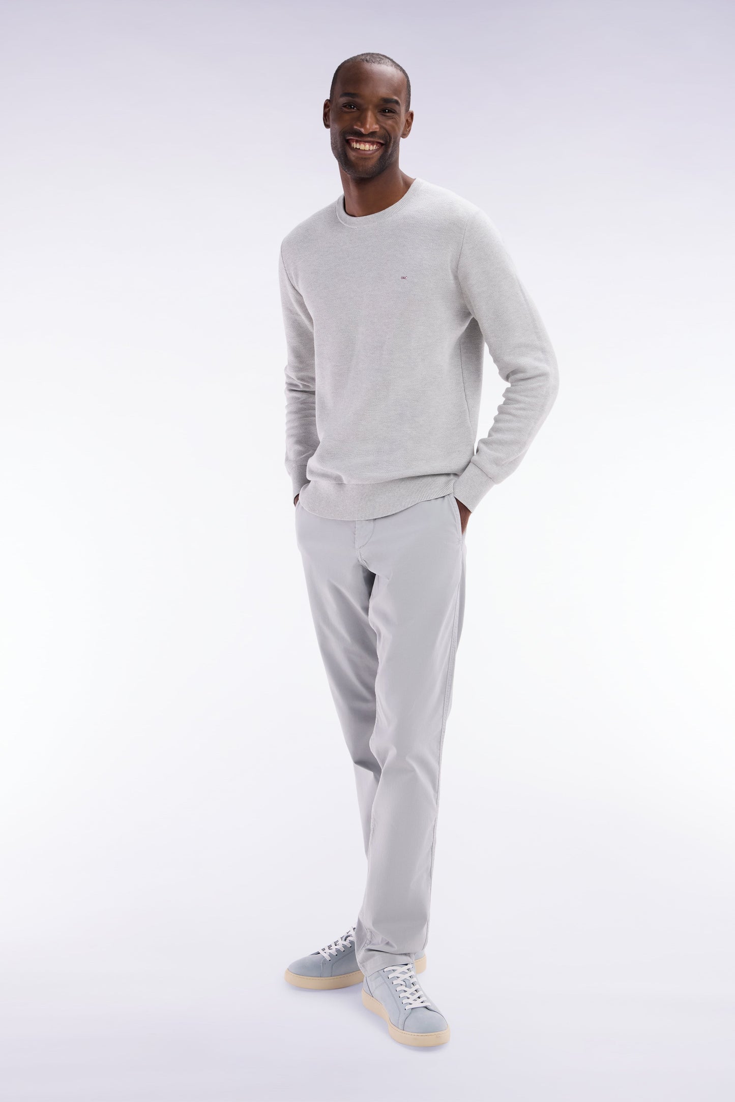 Pull col rond en coton nid d'abeille gris coupe droite