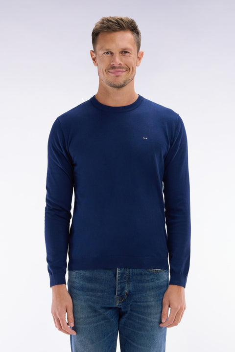 Pull col rond en coton et soie mélangés marine coupe droite - Image 1