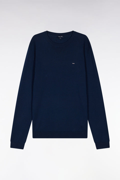 Pull col rond en coton et soie mélangés marine coupe droite - Image 2