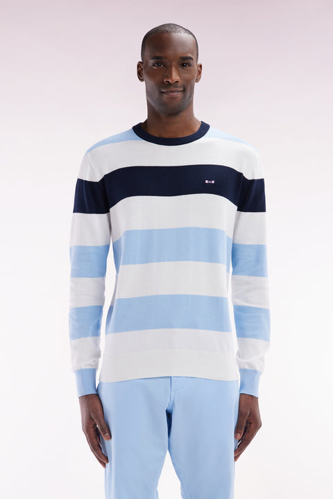 Pull col rond cerclé en coton ciel et blanc - Image 1