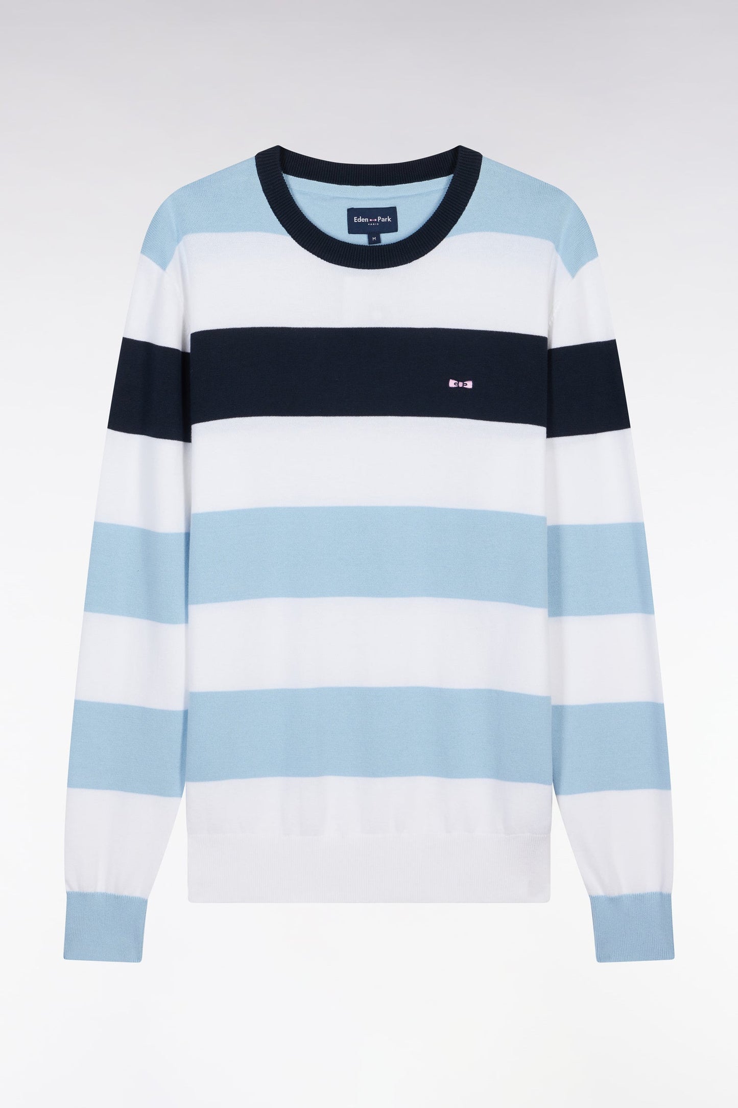 Pull col rond cerclé en coton ciel et blanc