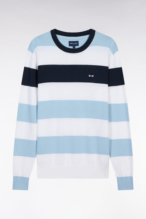 Pull col rond cerclé en coton ciel et blanc - Image 2