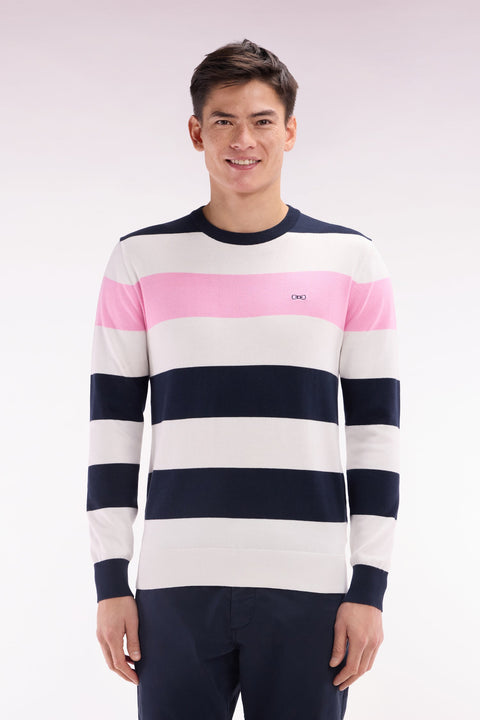 Pull col rond cerclé en coton blanc et marine - Image 1