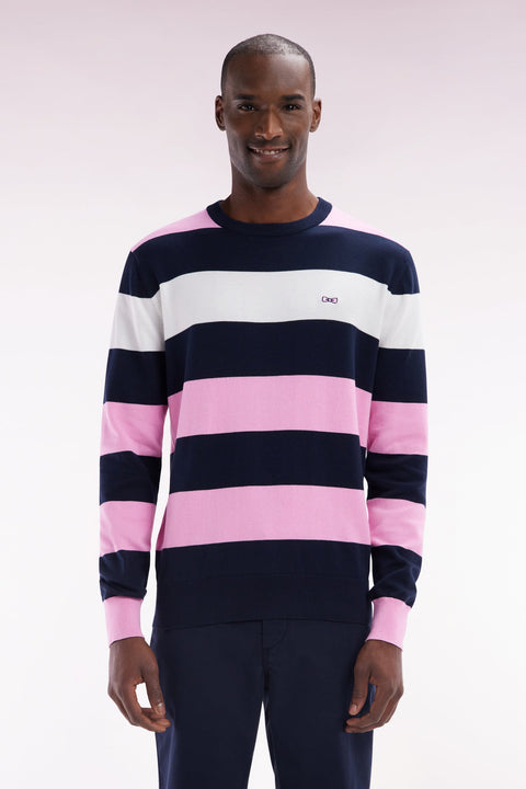 Pull col rond cerclé en coton rose et marine - Image 1