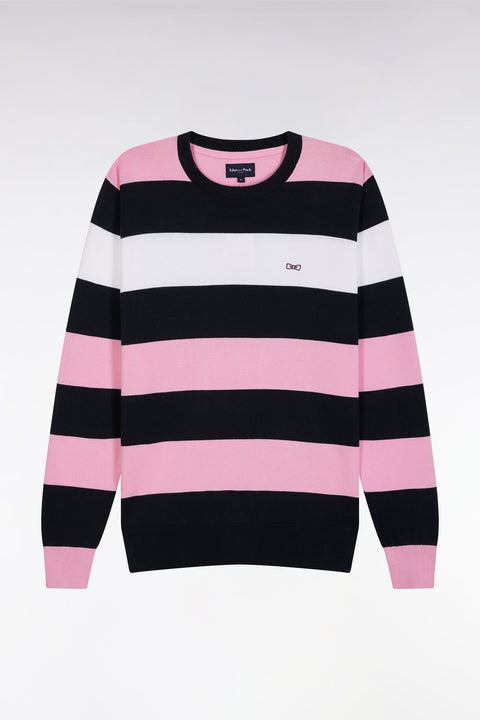 Pull col rond cerclé en coton rose et marine - Image 2