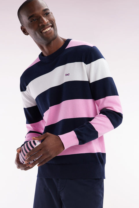 Pull col rond cerclé en coton rose et marine - Image 3