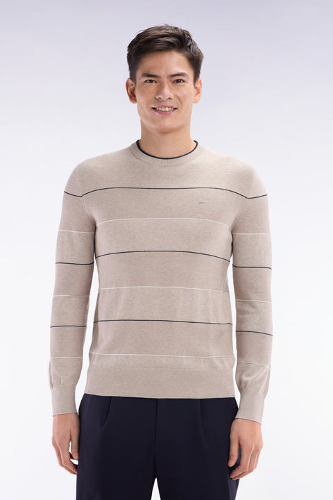 Pull col rond cerclé en coton beige - Image 1