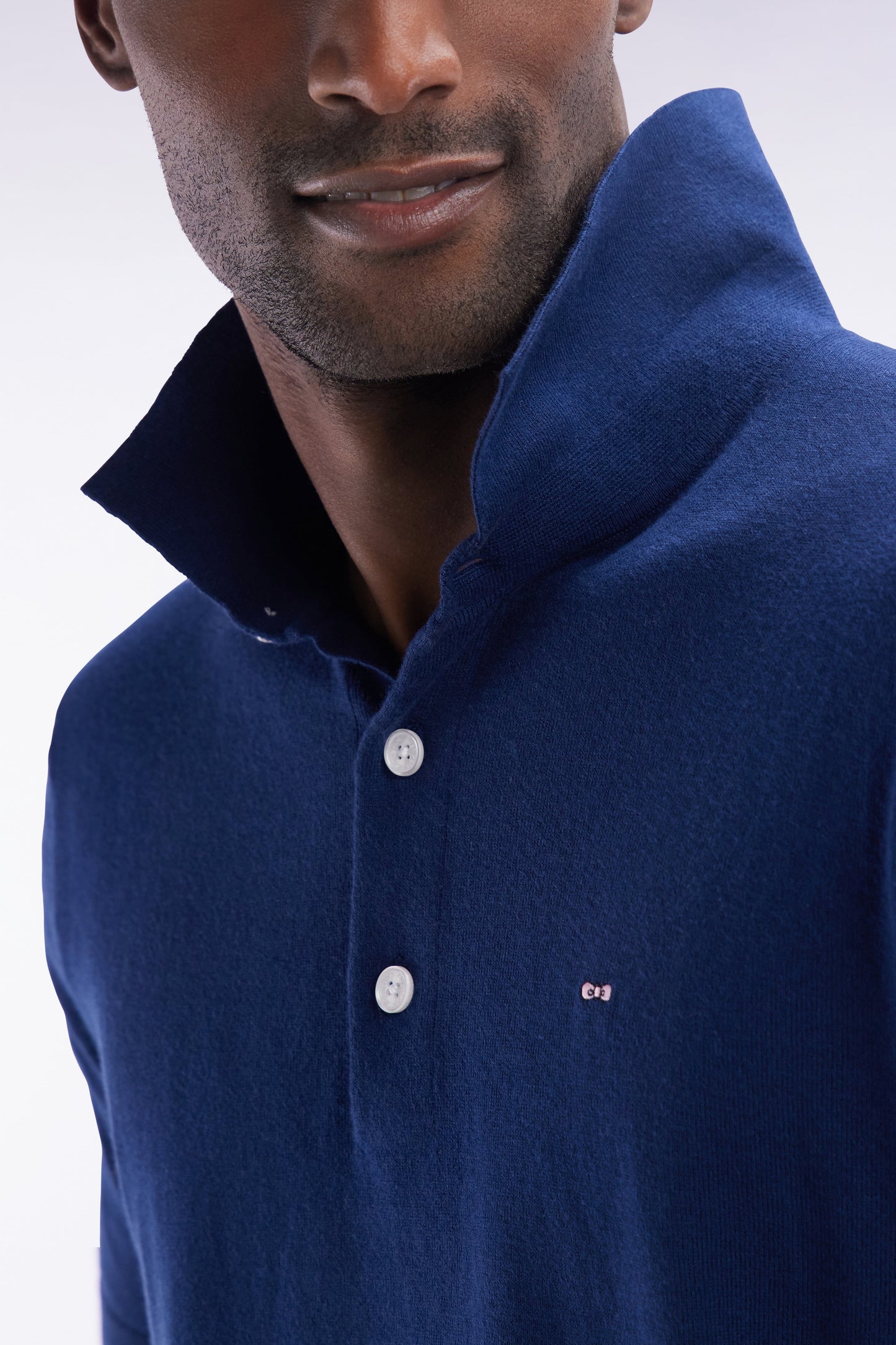 Pull col polo en coton et soie mélangés marine coupe droite