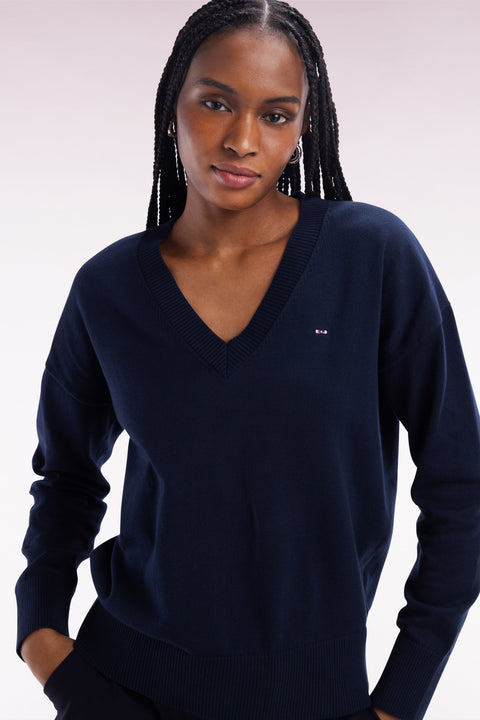 Pull col V en coton marine coupe décontractée - Image 1