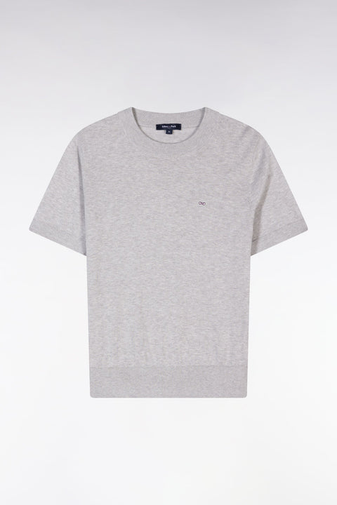 Pull col rond à manches courtes en coton biologique et cachemire gris coupe droite - Image 1