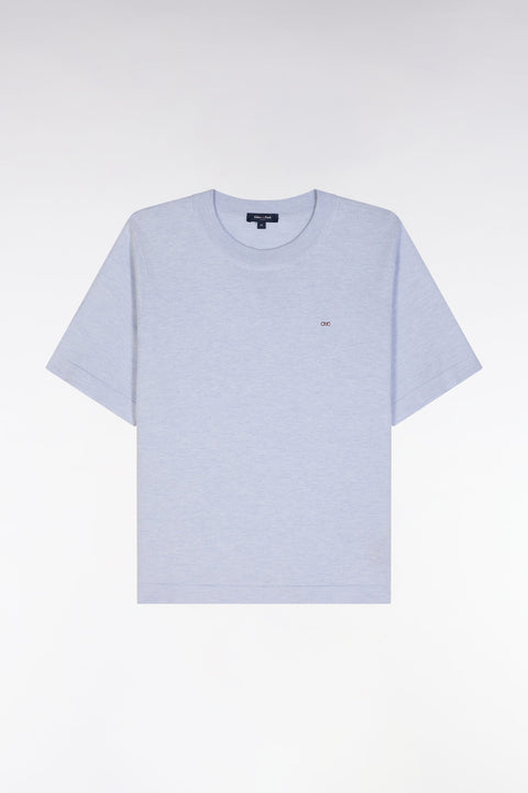 Pull fin à manches courtes et col rond en coton et soie mélangés gris coupe décontractée - Image 2