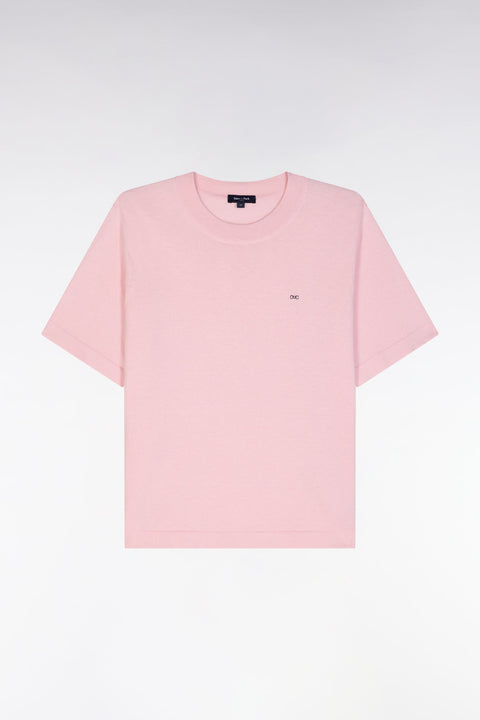 Pull fin à manches courtes et col rond en coton et soie mélangés rose coupe décontractée - Image 2