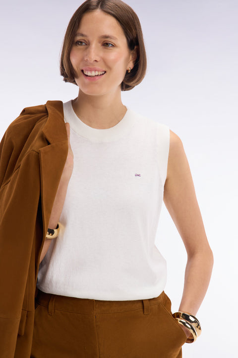 Pull débardeur fin à col rond en coton et soie mélangés écru coupe décontractée - Image 1