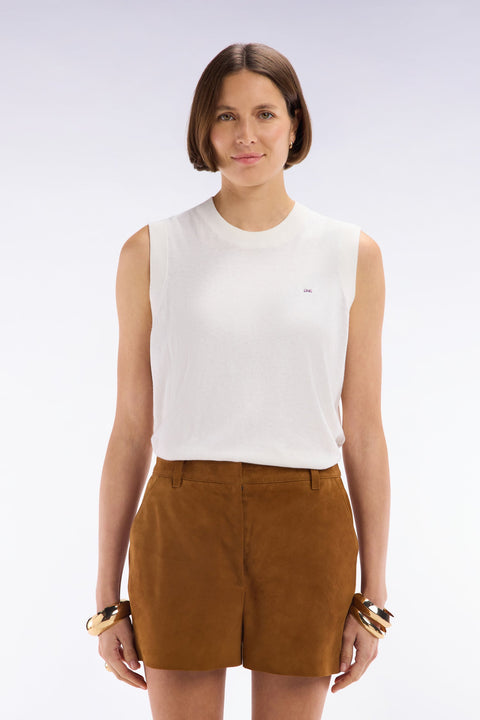 Pull débardeur fin à col rond en coton et soie mélangés écru coupe décontractée - Image 3