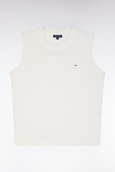 Pull débardeur fin à col rond en coton et soie mélangés écru coupe décontractée - Image 2