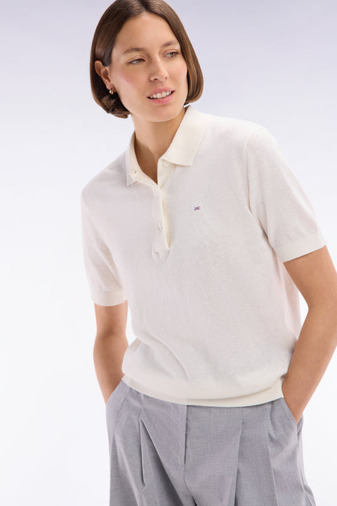 Pull manches courtes à col polo écru coupe droite - Image 1