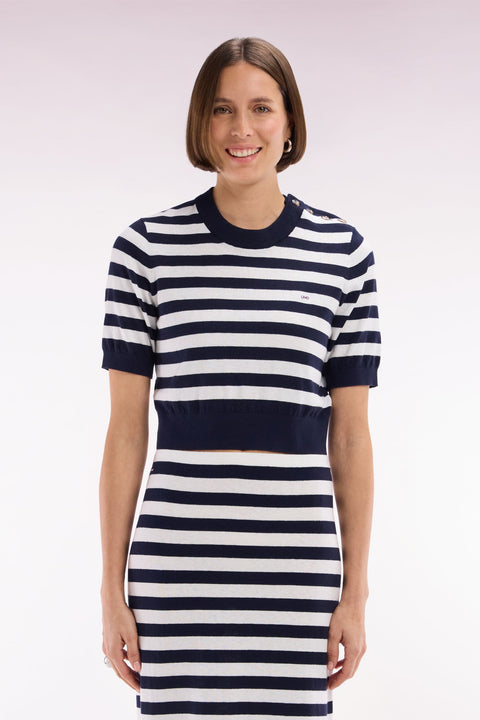 Pull marinière à col rond en coton biologique et cachemire marine coupe droite - Image 3